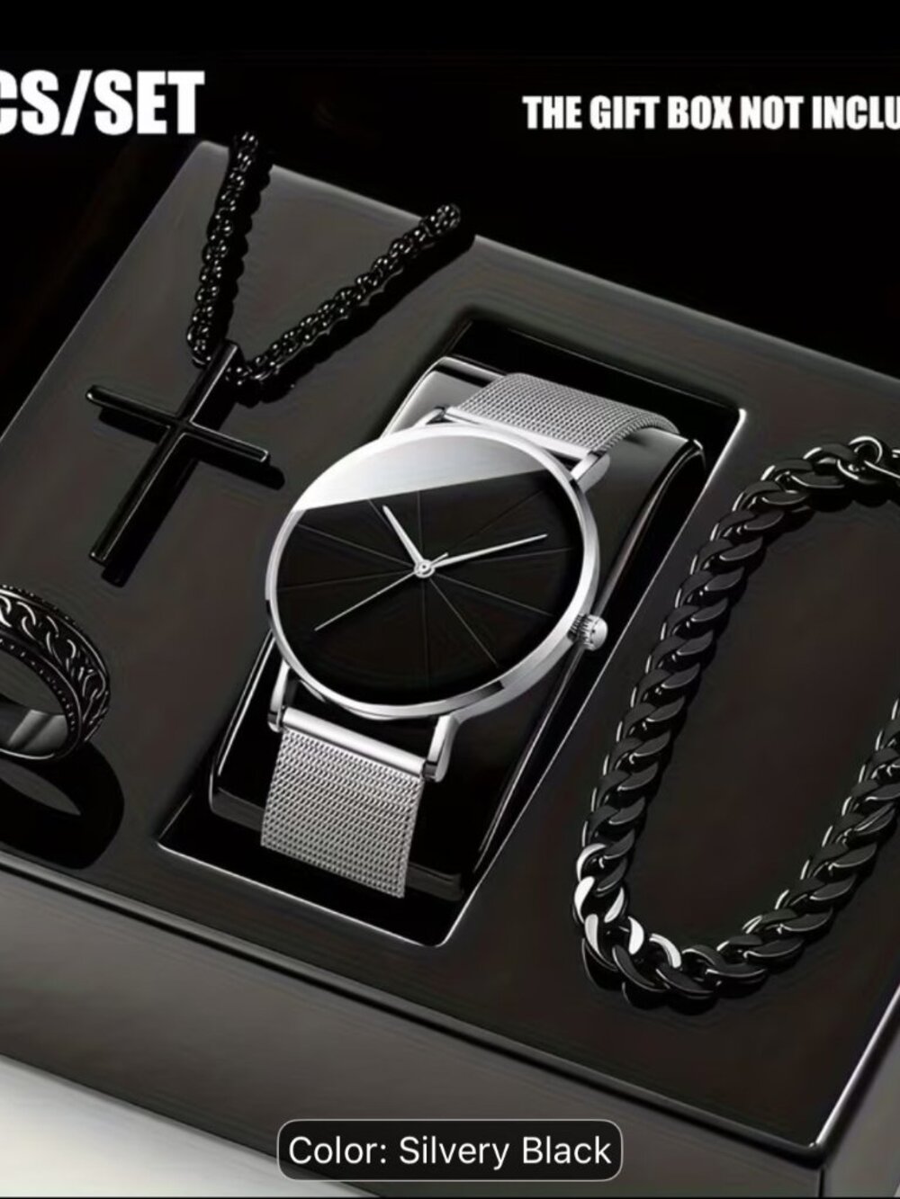 4pcs/set Men's  Watch Jewelry Fashion Set (watch with silver bands with black fa